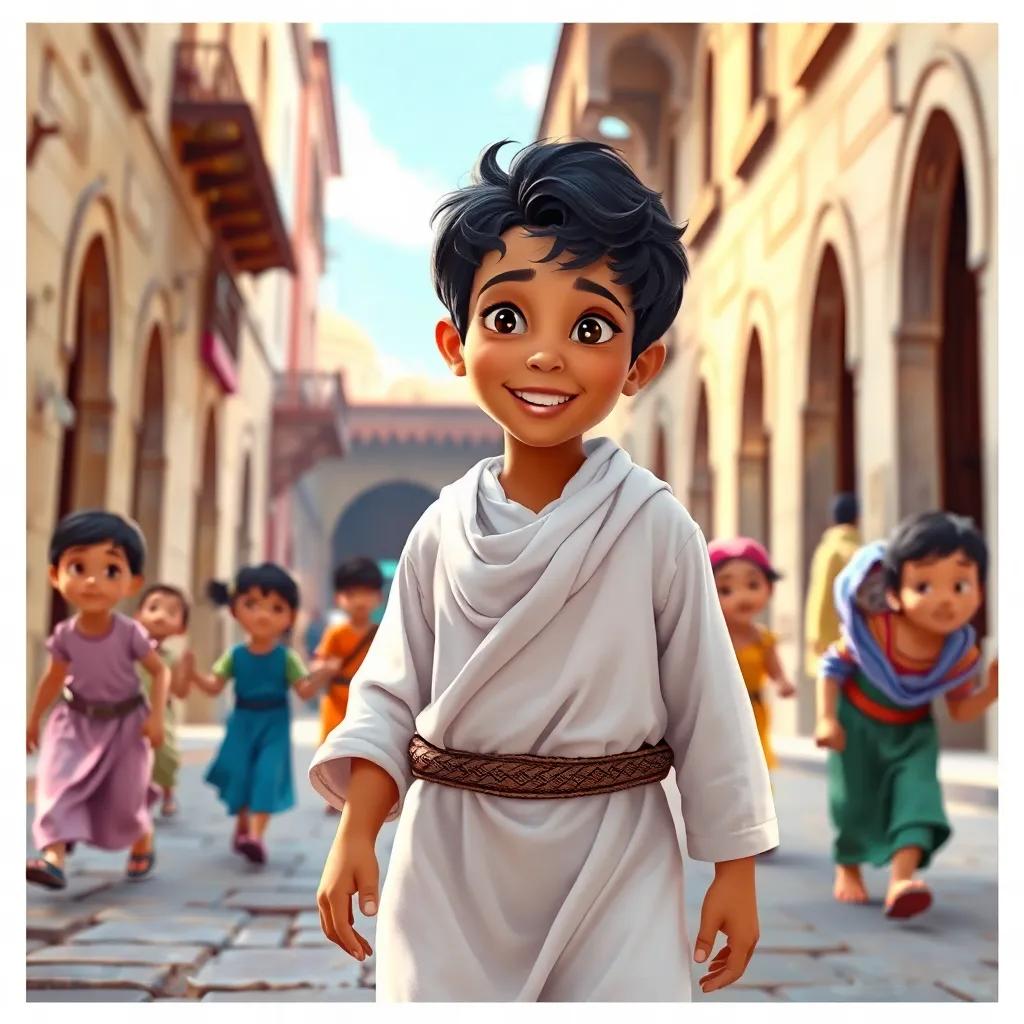 A young Arab boy, Muhammad, with dark hair wearing a simple white robe, playing in the streets of Mecca with other children, vibrant colors, joyful atmosphere, digital art, high quality