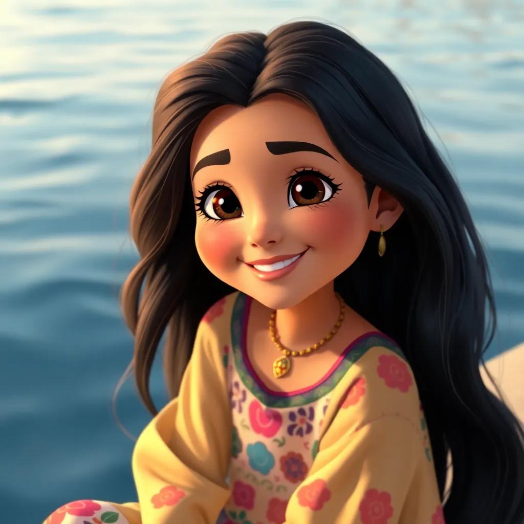 A young Arab girl, Lama, with long, black hair, wearing a colorful dress, sitting by a calm sea, smiling joyfully, digital art, cheerful, warm colors, joyful atmosphere, high quality