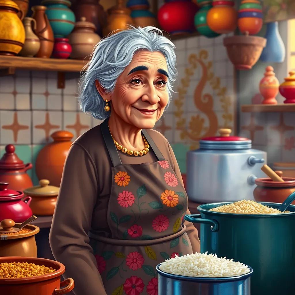 An elderly Arab woman with gray hair, wearing a floral apron, in a colorful kitchen, surrounded by pots and spices, cooking rice, digital painting, cozy, vibrant colors, inviting, high quality