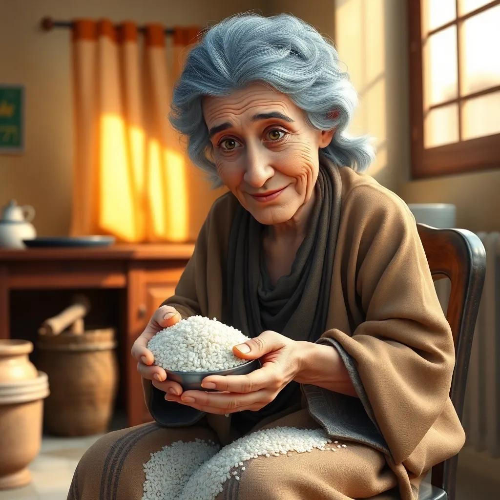 An elderly Arab woman, with gray hair and a kind face, carefully cleaning rice with her hands, sitting on a wooden chair in a sunny kitchen, digital art, warm light, bright colors, homely scene, high quality