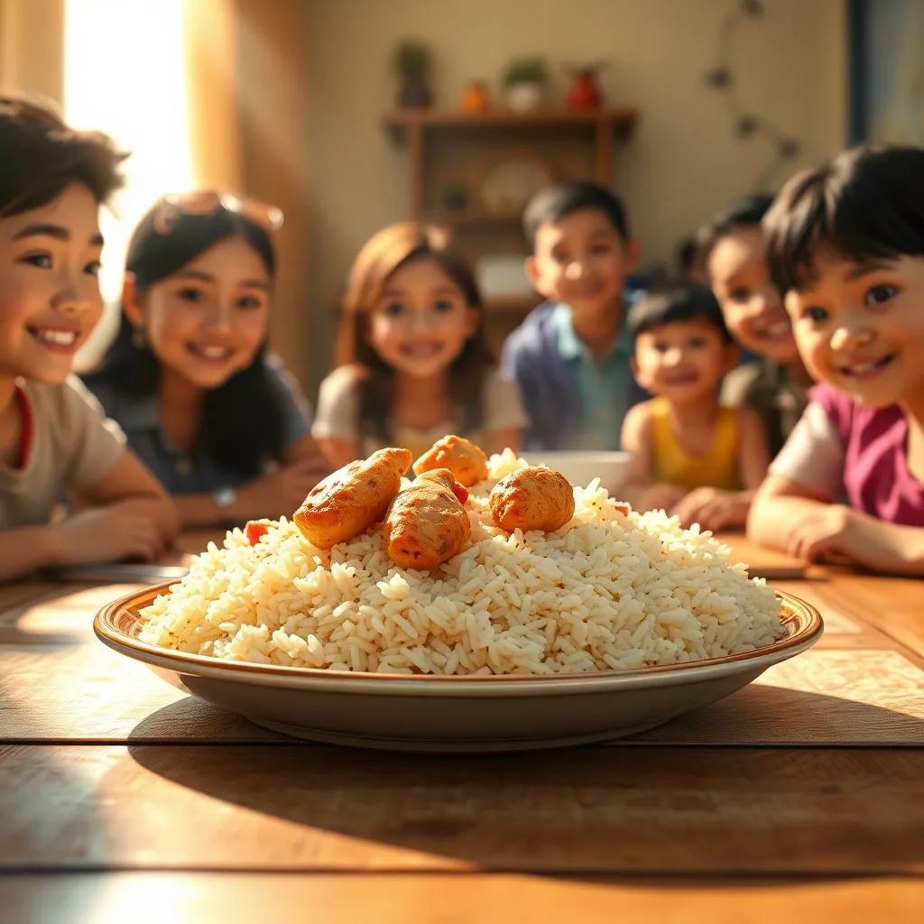 A delicious plate of rice with chicken, sitting on a family table surrounded by smiling faces, soft sunlight pouring in, digital art, warm tones, family gathering, cozy atmosphere, high quality
