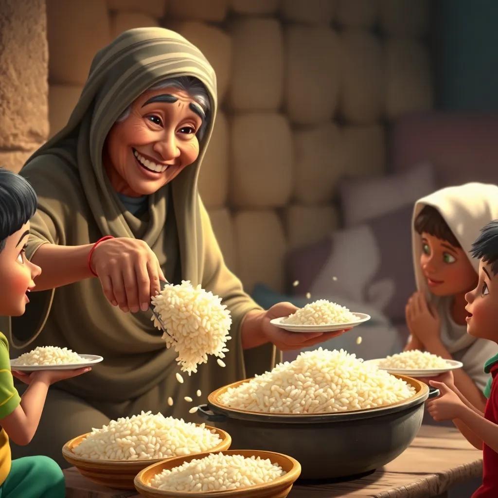 An elderly Arab woman with a gentle smile, dishing out rice from a large pot into small plates, while children eagerly wait, digital art, heartwarming, warm colors, happy family scene, high quality