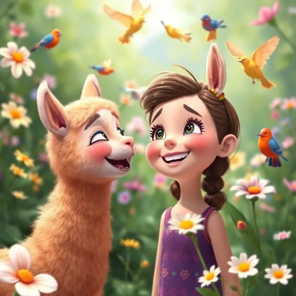 A young girl, Lama, giggling while watching birds play in her garden, with flowers blooming all around, digital art, vibrant, whimsical, joyful, high quality