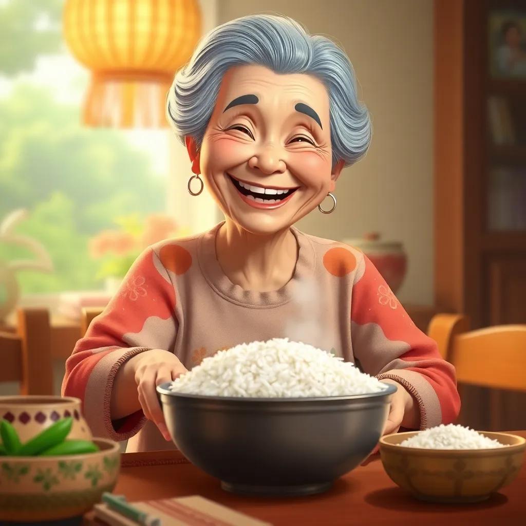 A cheerful older woman known as grandmother, smiling brightly while placing rice on the table, enveloped in warmth of family love, digital painting, happy, inviting, high quality