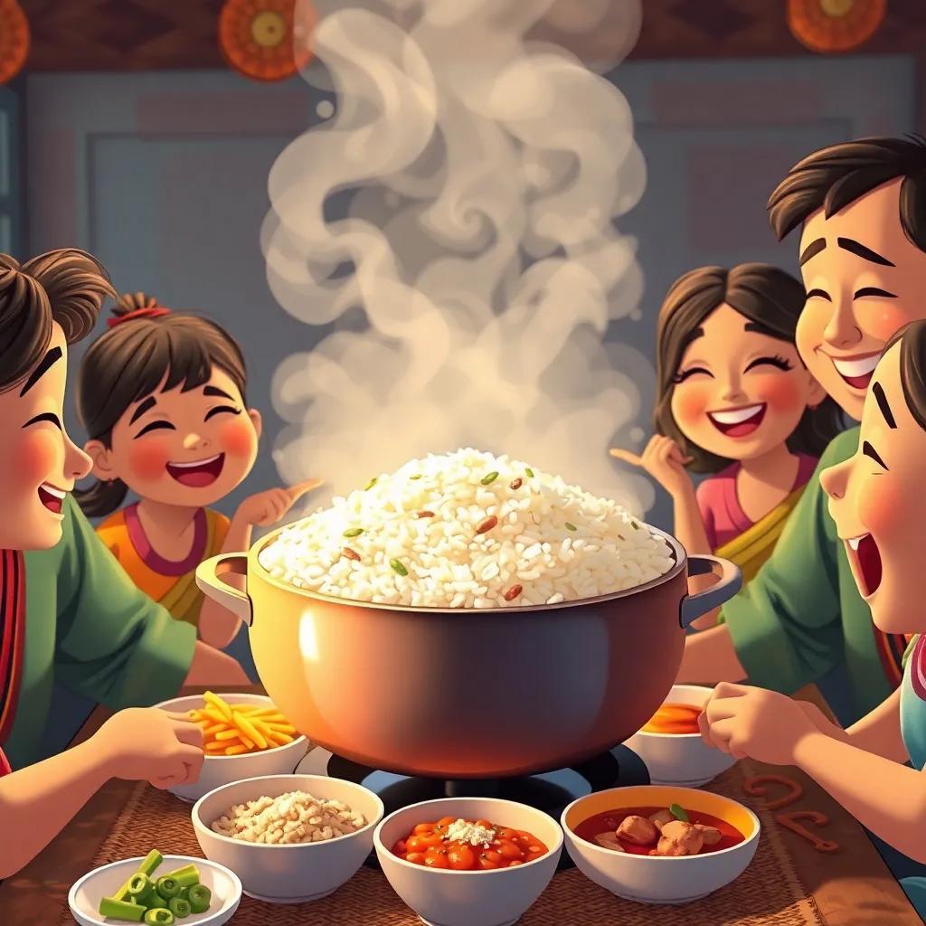 A delicious pot of rice, steaming, surrounded by family members enjoying their meal together with laughter and warmth, digital art, heartwarming, bright and inviting colors, high quality