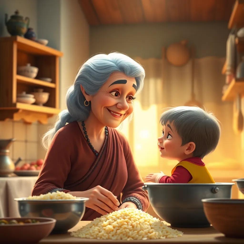 A warm kitchen filled with the aroma of saffron rice, an elderly woman, grandma, with grey hair wearing a traditional dress, smiling at her grandchild, bright and cozy atmosphere, digital art, soft light, inviting