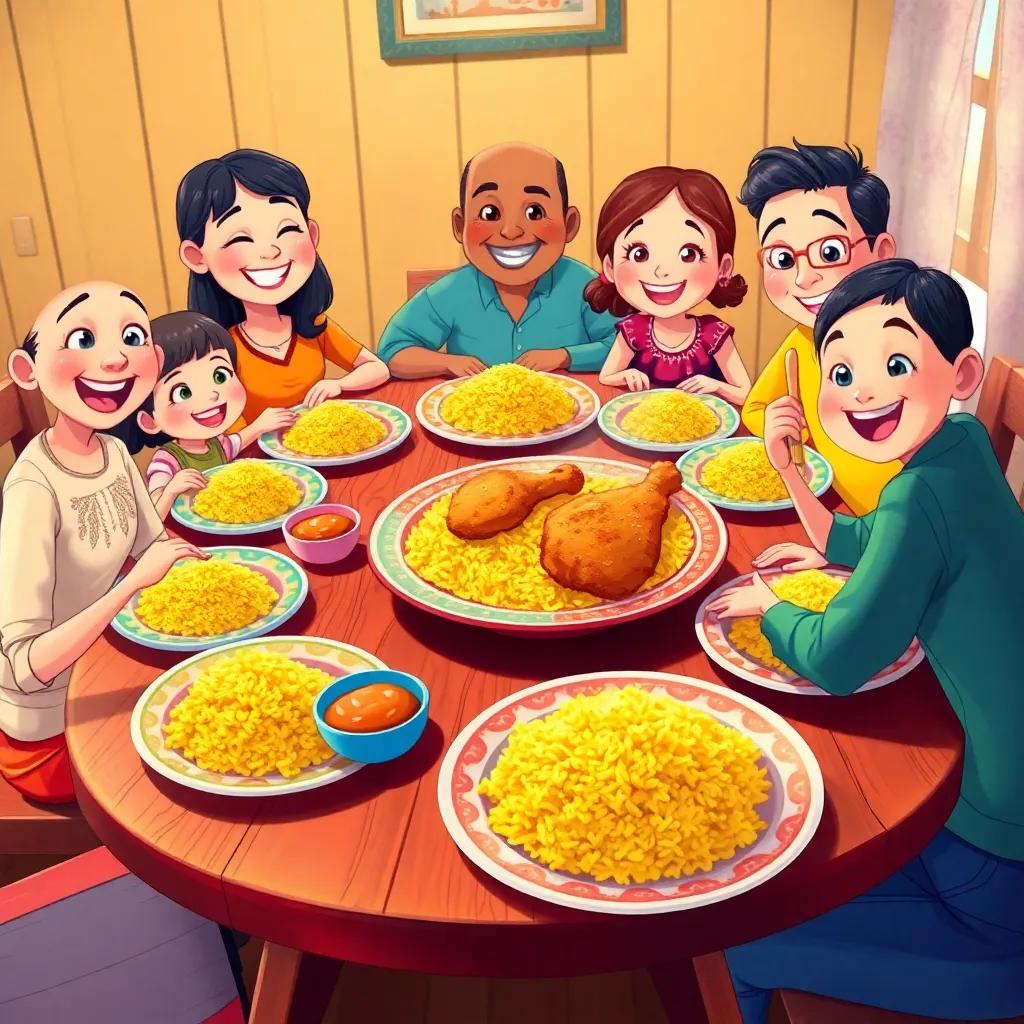 A wooden table set with colorful plates filled with saffron rice and golden fried chicken, a family happily gathering around, cheerful expressions, illustration, vibrant colors, warm light