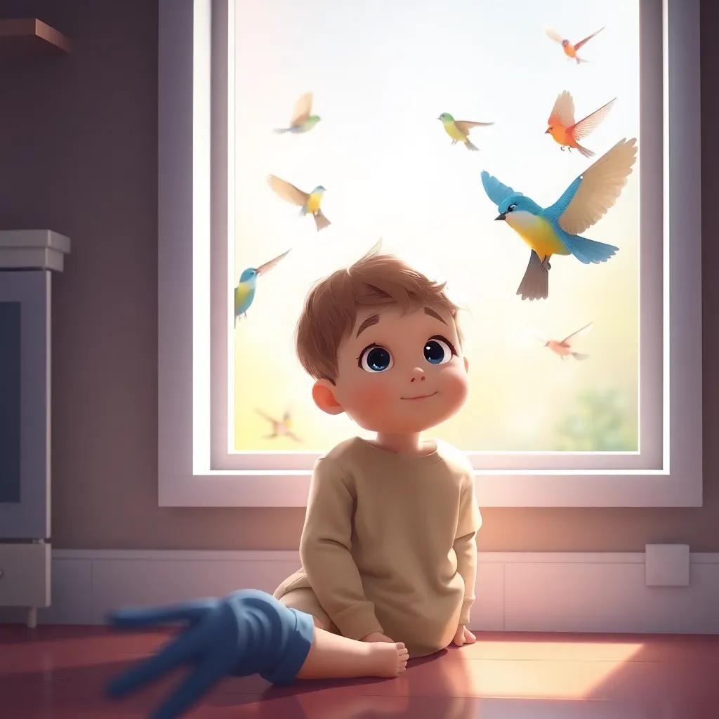 A young child with bright eyes watching birds from the kitchen window, amazed, sitting on the floor, digital art, lively colors, soft focus, heartwarming
