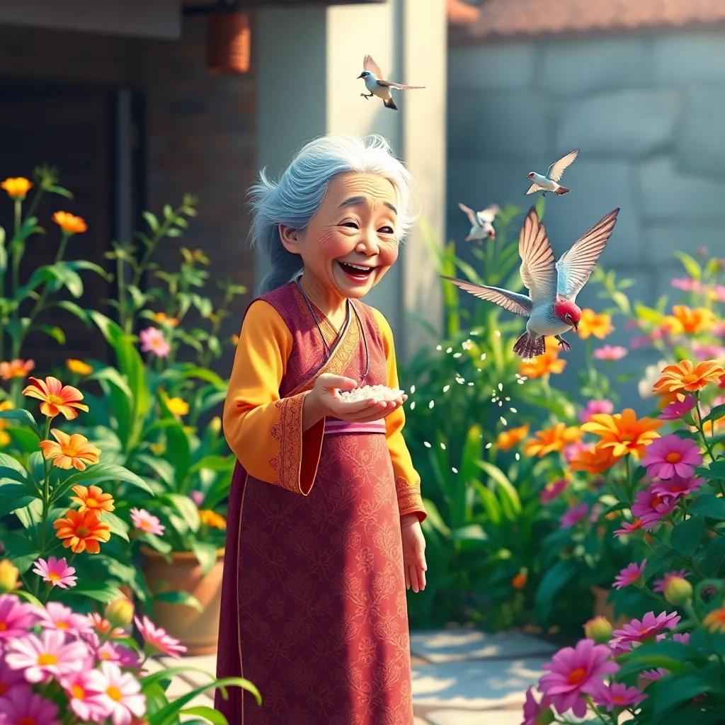 An elderly woman in a traditional dress outside, scattering rice for the birds, surrounded by green plants and colorful flowers, joyful scene, colorful, bright and inviting