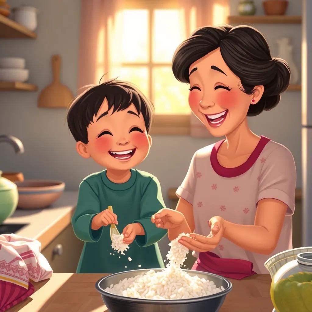 A child helping in the kitchen, washing rice with grandma, both smiling and sharing laughter, a bright sunny day illuminated, digital art, cozy, heartwarming