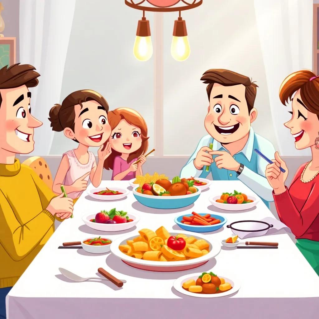 A charming family sitting at the dining table sharing a meal, each person enjoying their food, festive atmosphere, colorful dishes, joyful expressions