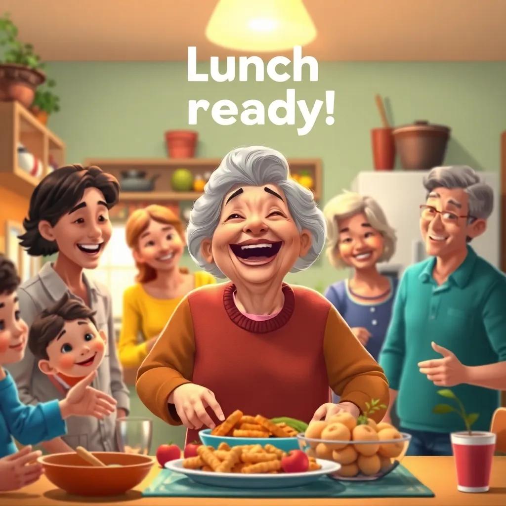 An elderly woman joyfully exclaiming 'Lunch is ready!' while surrounded by her family, moments of love and warmth, colorful kitchen, inviting atmosphere, illustration