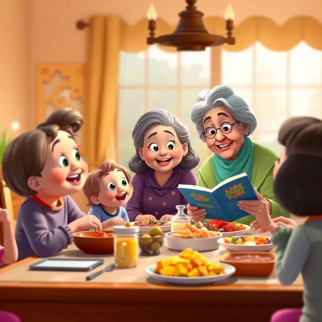 A family gathered around a table enjoying a meal, a child eagerly listening to grandma's stories, animated and joyful, vibrant and engaging scene, digital art, warm colors