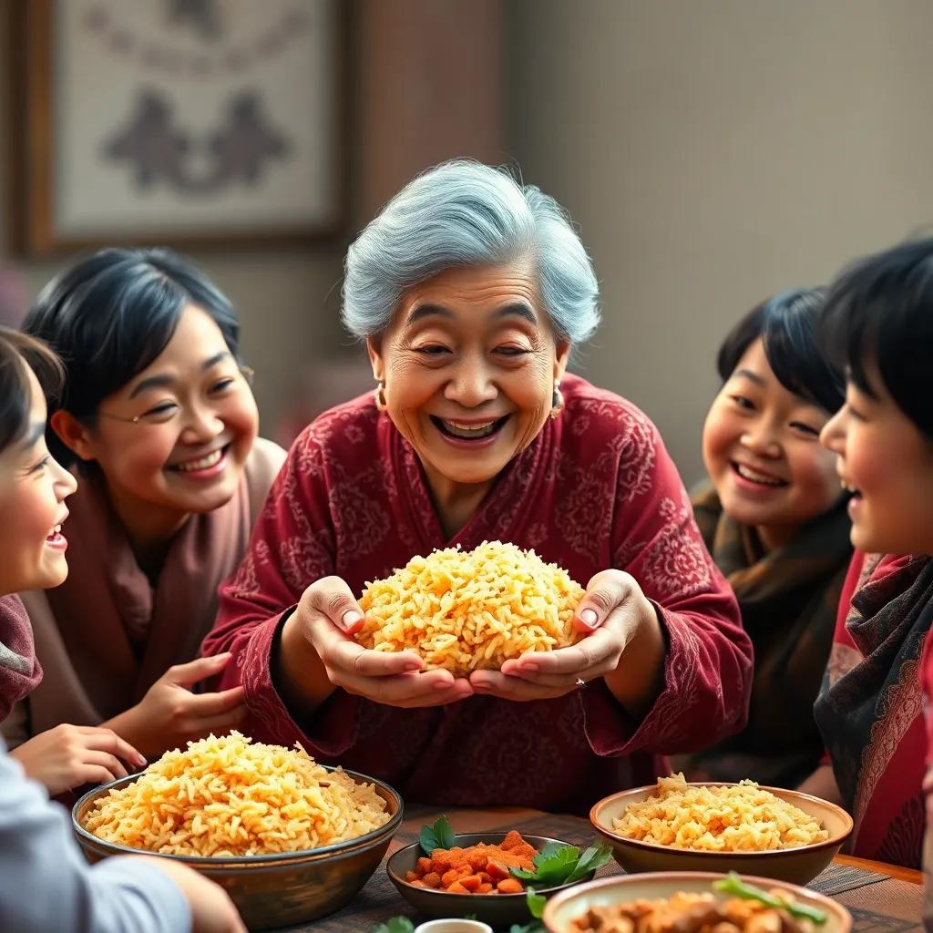 An elderly woman sharing delicious crispy rice leftovers, surrounded by family, everyone smiling and expressing gratitude, joyous atmosphere, rich colors, heartwarming