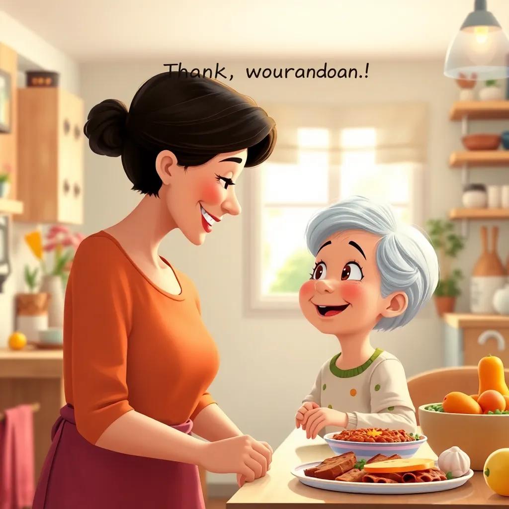 A child smiling and saying 'Thank you, grandma!' to an elderly woman, beautiful kitchen filled with love and food, bright inviting colors, joyful atmosphere