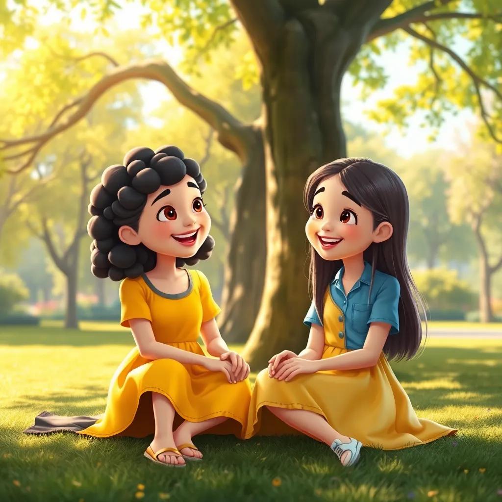 A happy scene of two girls, one named Maryam, with short, curly hair, wearing a bright yellow dress, and the other girl with long, straight hair wearing a blue shirt, sitting in a sunny park under a big tree, smiling and talking to each other, digital art, warm and cheerful atmosphere, vibrant colors, high quality