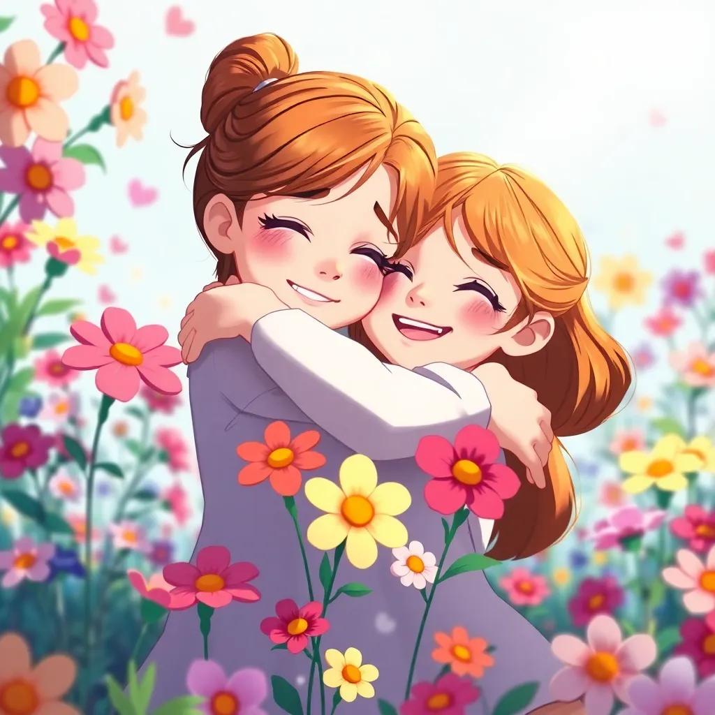 A scene of two girls hugging tightly, with tears of joy in their eyes, surrounded by colorful flowers, representing friendship and love, digital illustration, bright colors, heartwarming, detailed