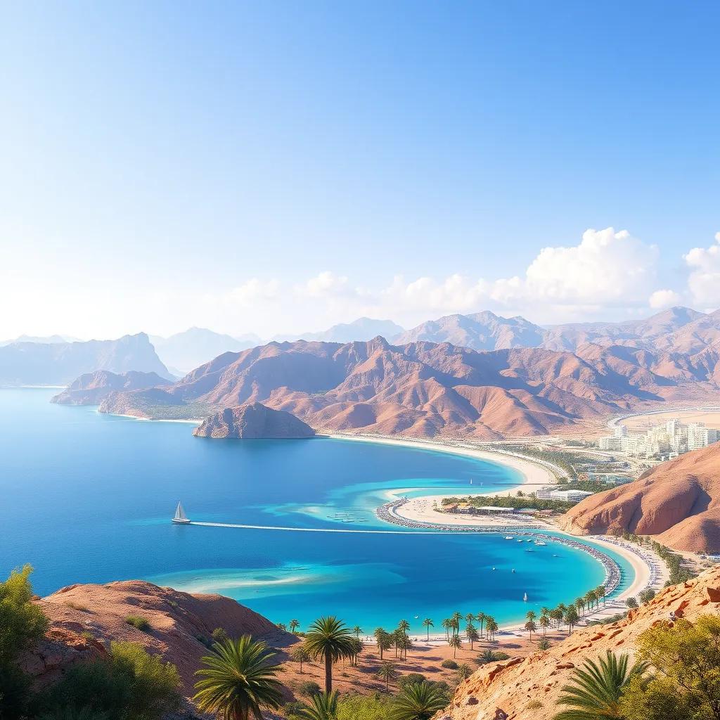 A beautiful landscape of Oman with mountains, beaches, and vibrant colors, showing the essence of nature, bright and inviting atmosphere, digital art, scenic, high quality