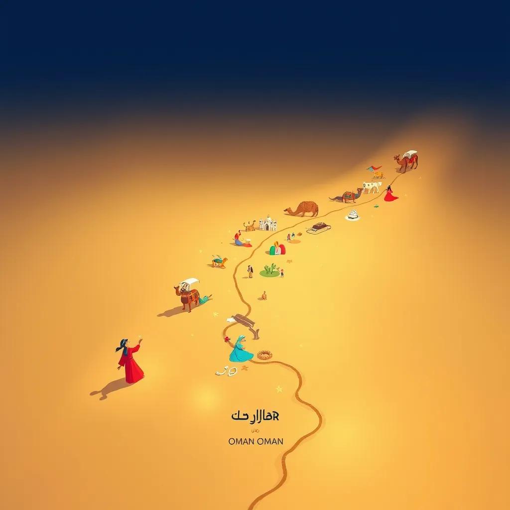 An illustration of a long timeline drawn in the sand, depicting different stories of Oman with colorful illustrations, cheerful colors, high angle view, playful