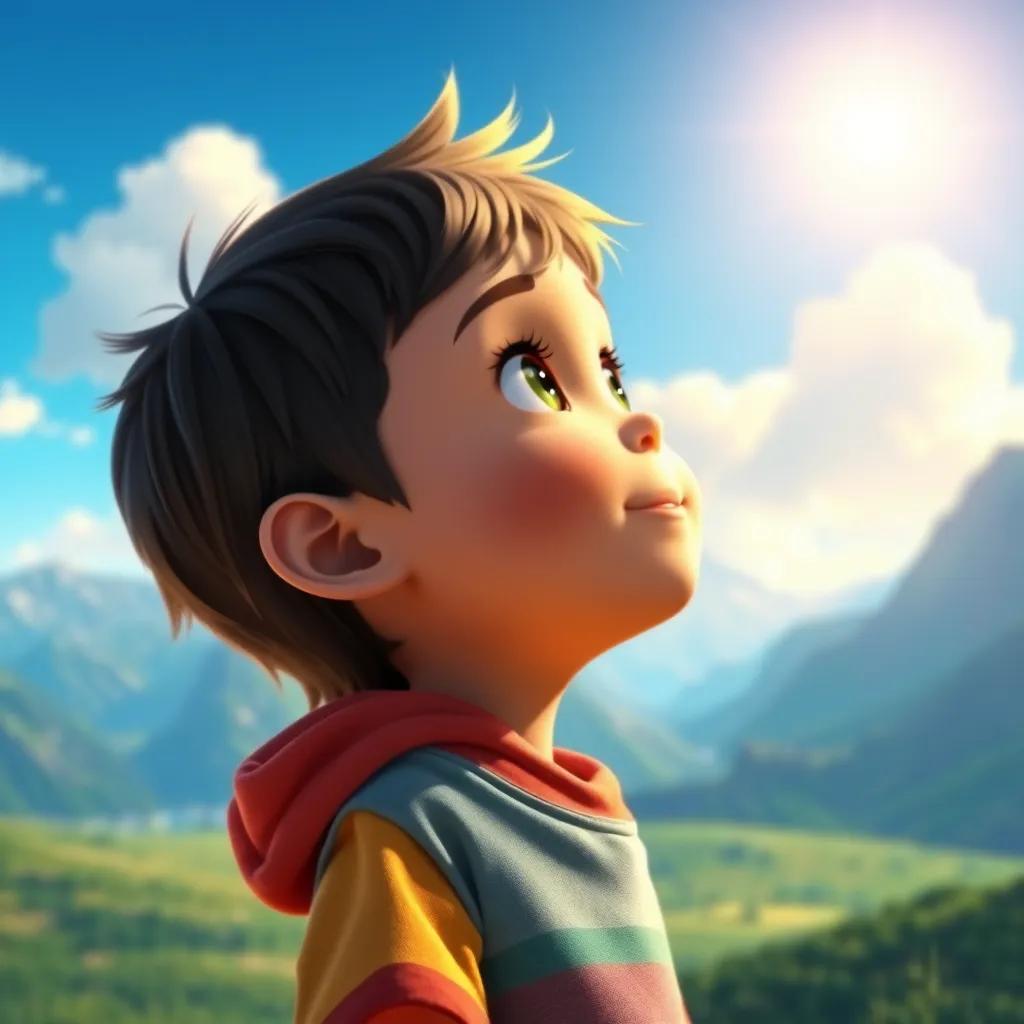 A child looking at the horizon, with mountains in the background and a bright sky, feeling inspired, vibrant colors, uplifting, heartwarming