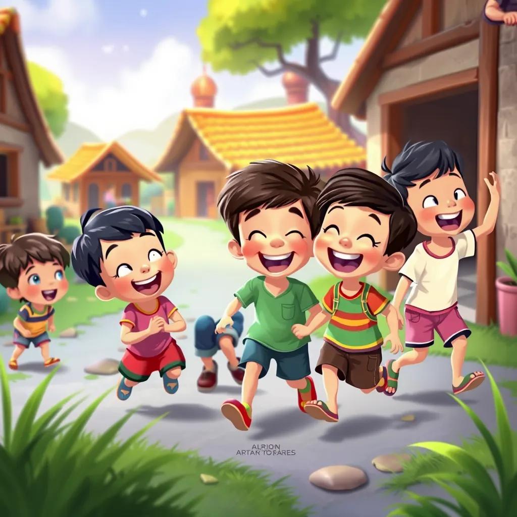 A group of children playing in a village, laughing and enjoying, colorful backgrounds, energetic, joyful scene, cheerful animation