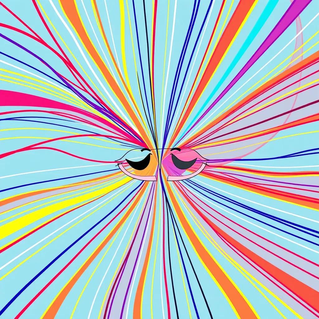 Lines intertwining like friends in a creative design, with bright colors showcasing joy, abstract art, cheerful, engaging