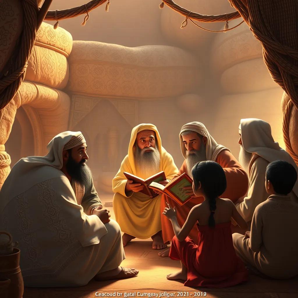 An ancient Omani village with wise elders telling stories, surrounded by children listening attentively, warm light, inviting atmosphere, realistic