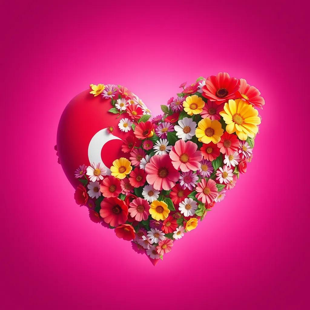 A heart-shaped image of Oman filled with flowers illustrating love and identity, bright colors, heartwarming, beautiful contrast
