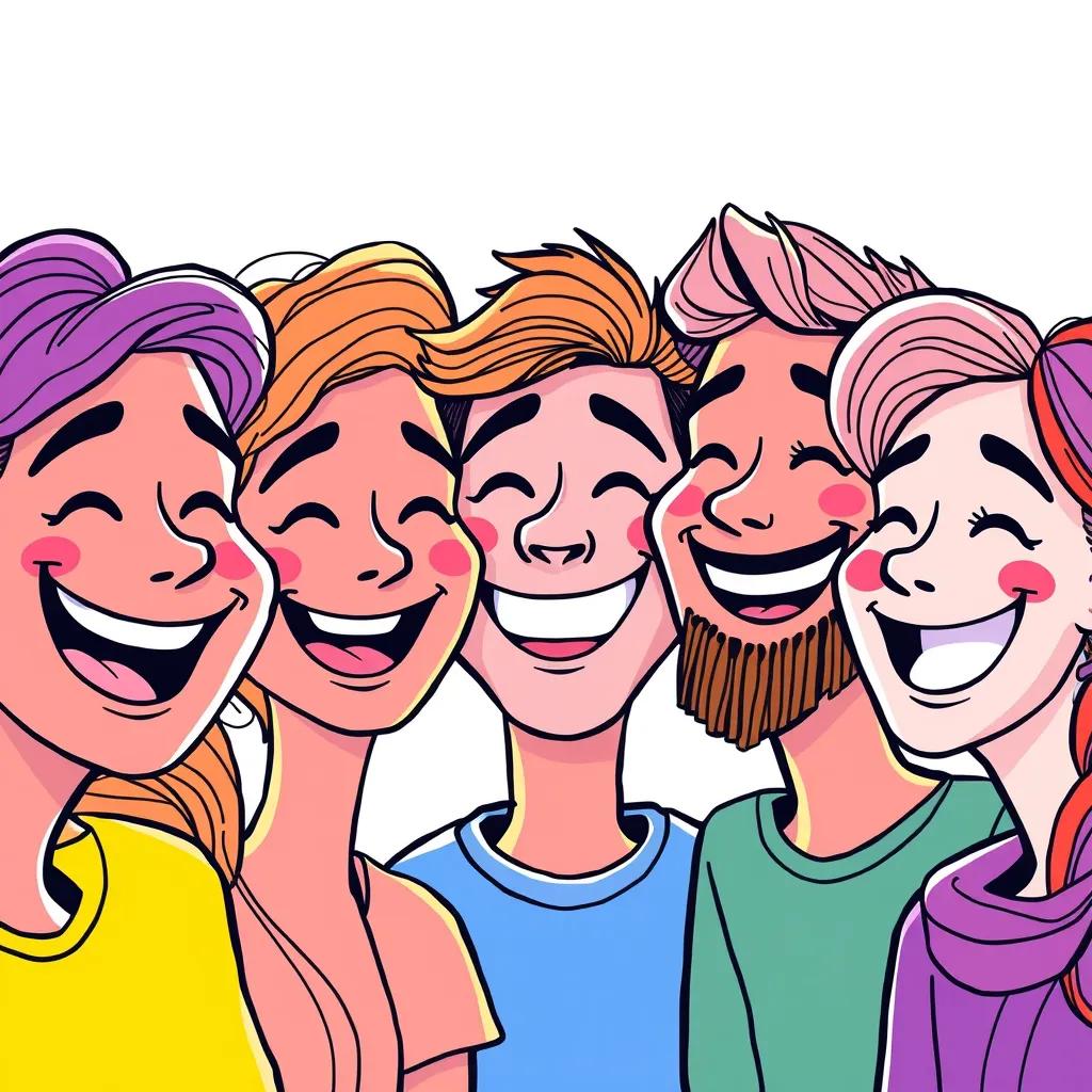 A dynamic illustration of artistic lines creating smiling faces, celebrating identity and happiness, vibrant colors, inspiring view, cheerful