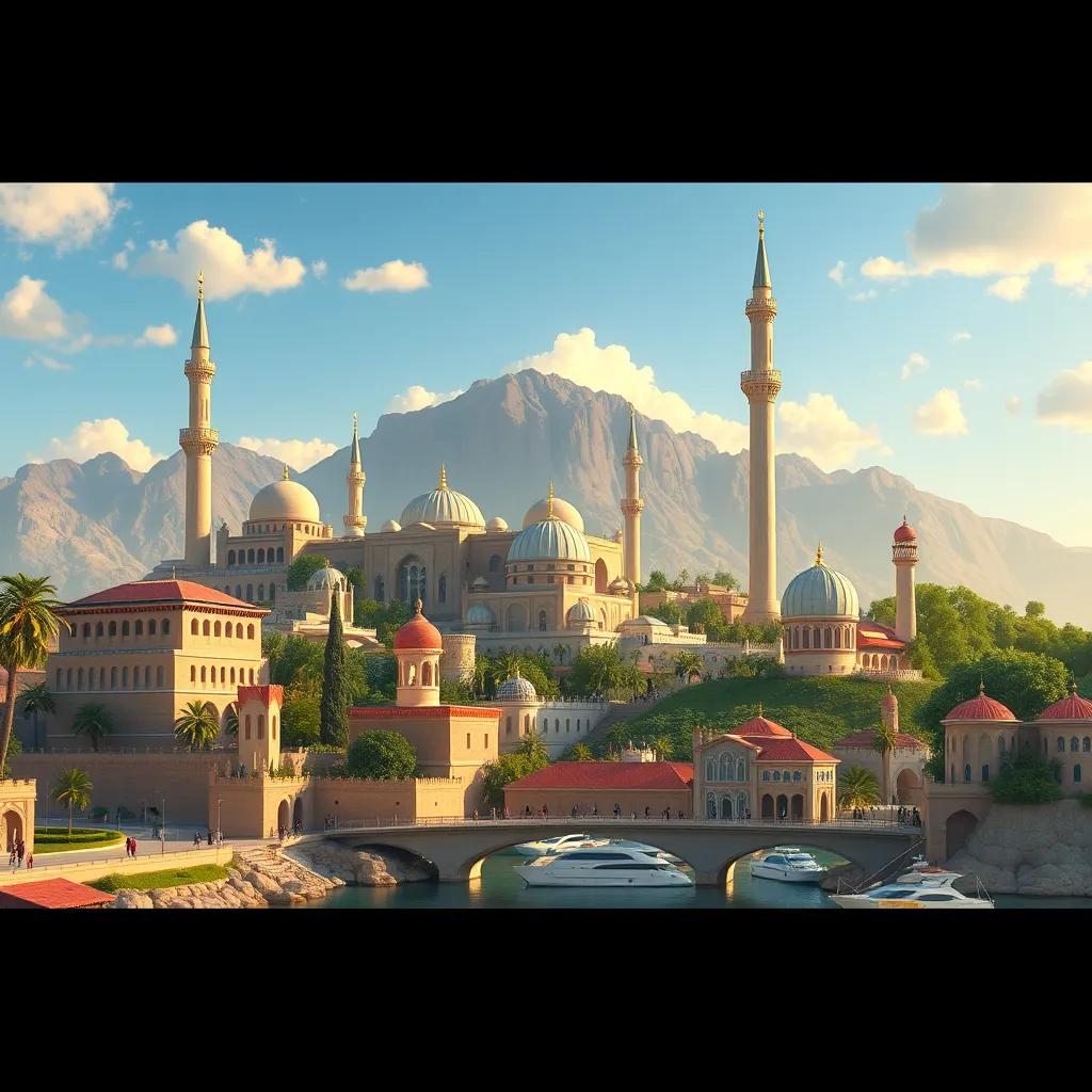 A picturesque scene depicting Oman's diversity with historical landmarks and nature, radiating love and identity, grand and impressive, majestic