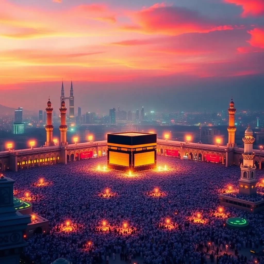 A beautiful view of Mecca with the Kaaba in the middle, vibrant colors, sunrise, emphasizing the joy of the birth of the Prophet Muhammad, detailed art, high quality