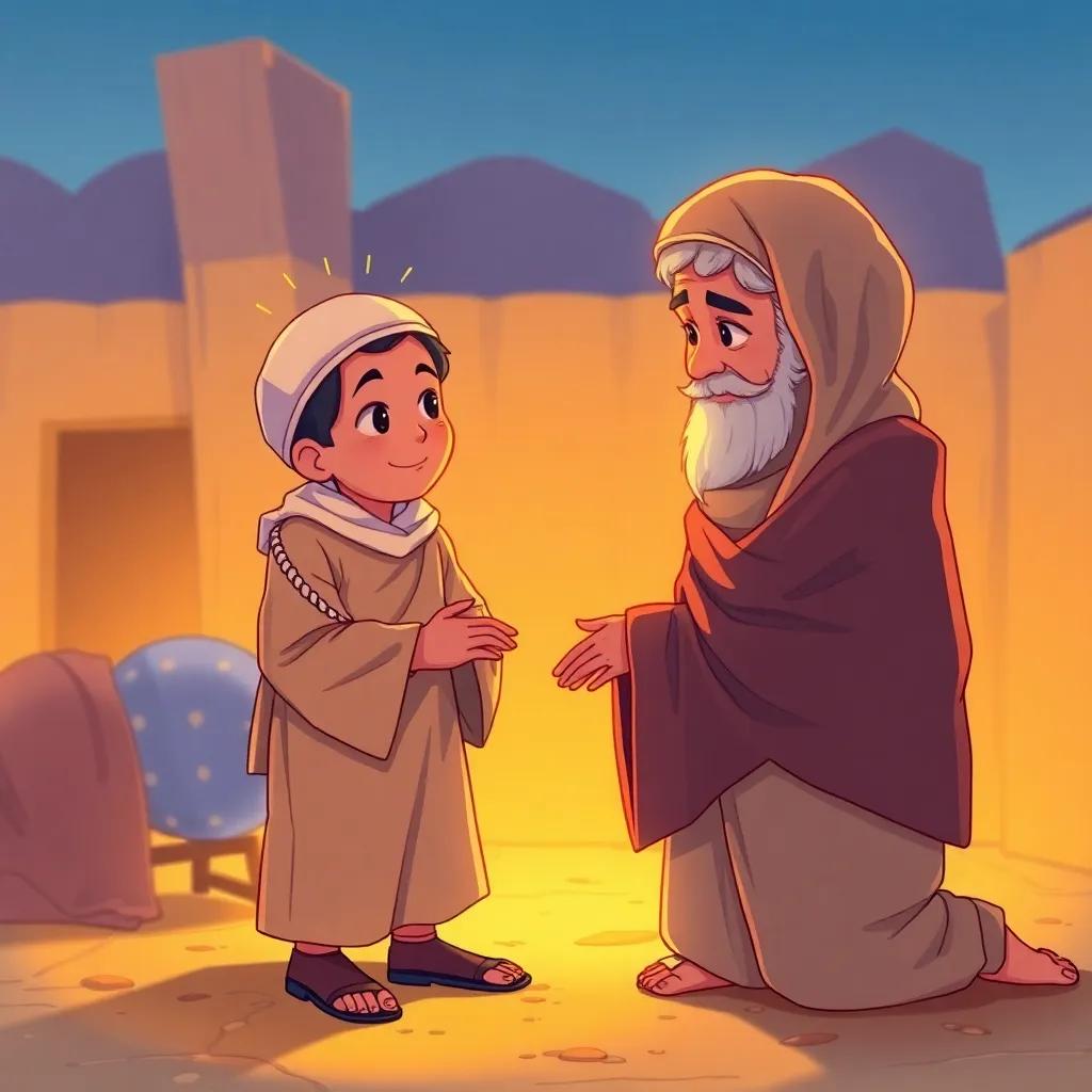 Muhammad as a young boy, wearing simple clothes, helping an elderly person in Mecca, warm atmosphere, illustration, bright colors, conveying kindness