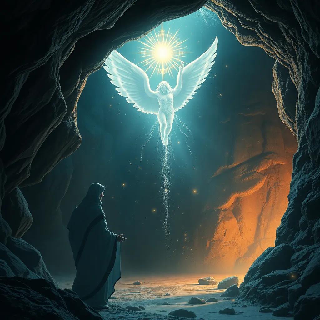Gabriel appearing to Muhammad in the cave of Hira, with sparkling lights and a divine aura, mystical atmosphere, digital art, highly detailed