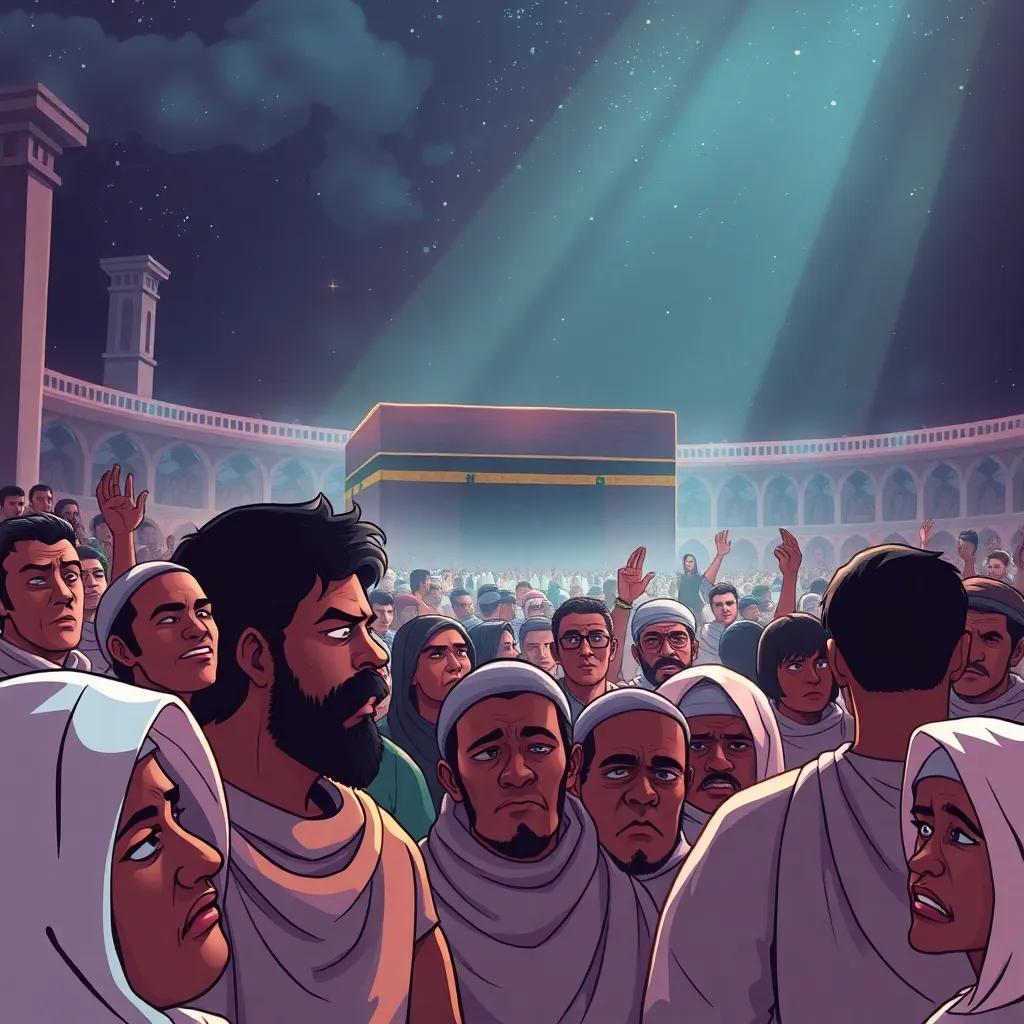 A crowd in Mecca rejecting Muhammad's message, showing frowns and resistance, dramatic lighting, emotion-filled scene, illustration, high quality