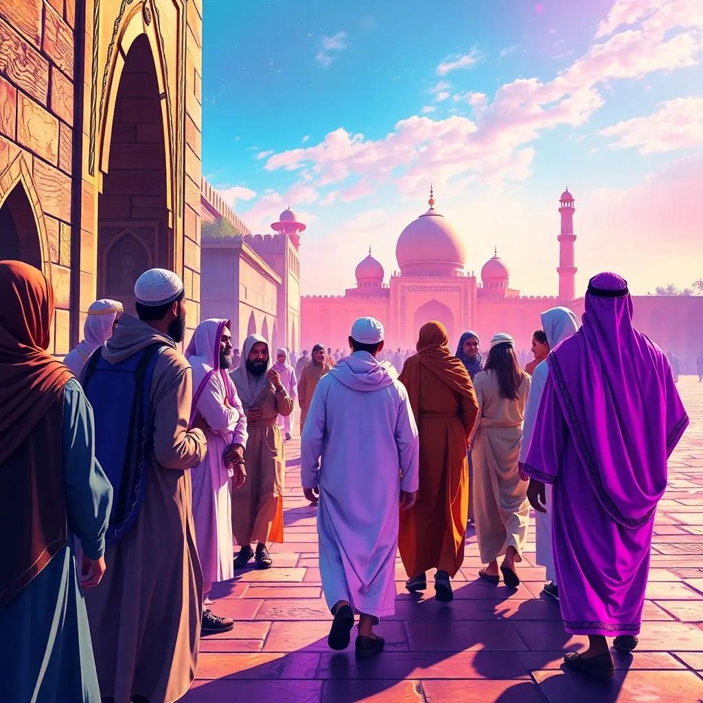 Muhammad walking into Medina with a group of companions, in a welcoming atmosphere, vibrant colors, highlighting friendship and unity, digital art, detailed