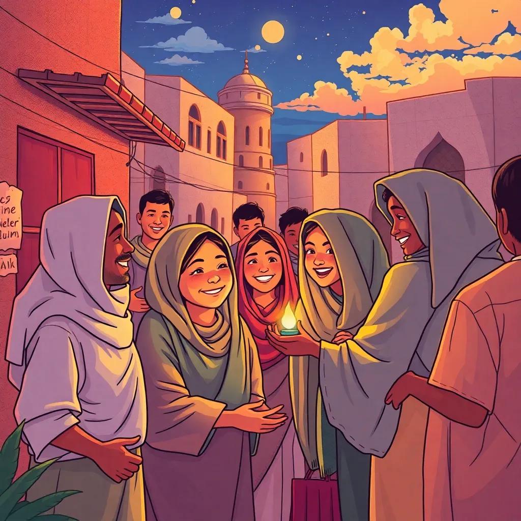 A scene of community cooperation in Medina with people helping each other, warm tones, joyful expressions, depicting peace and harmony, cheerful illustration, high quality