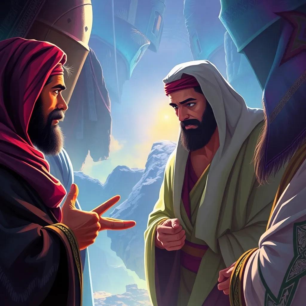 Muhammad and his companions strategizing during difficulties, with determined expressions and teamwork, dramatic lighting, emphasizing resilience, digital painting, vivid colors