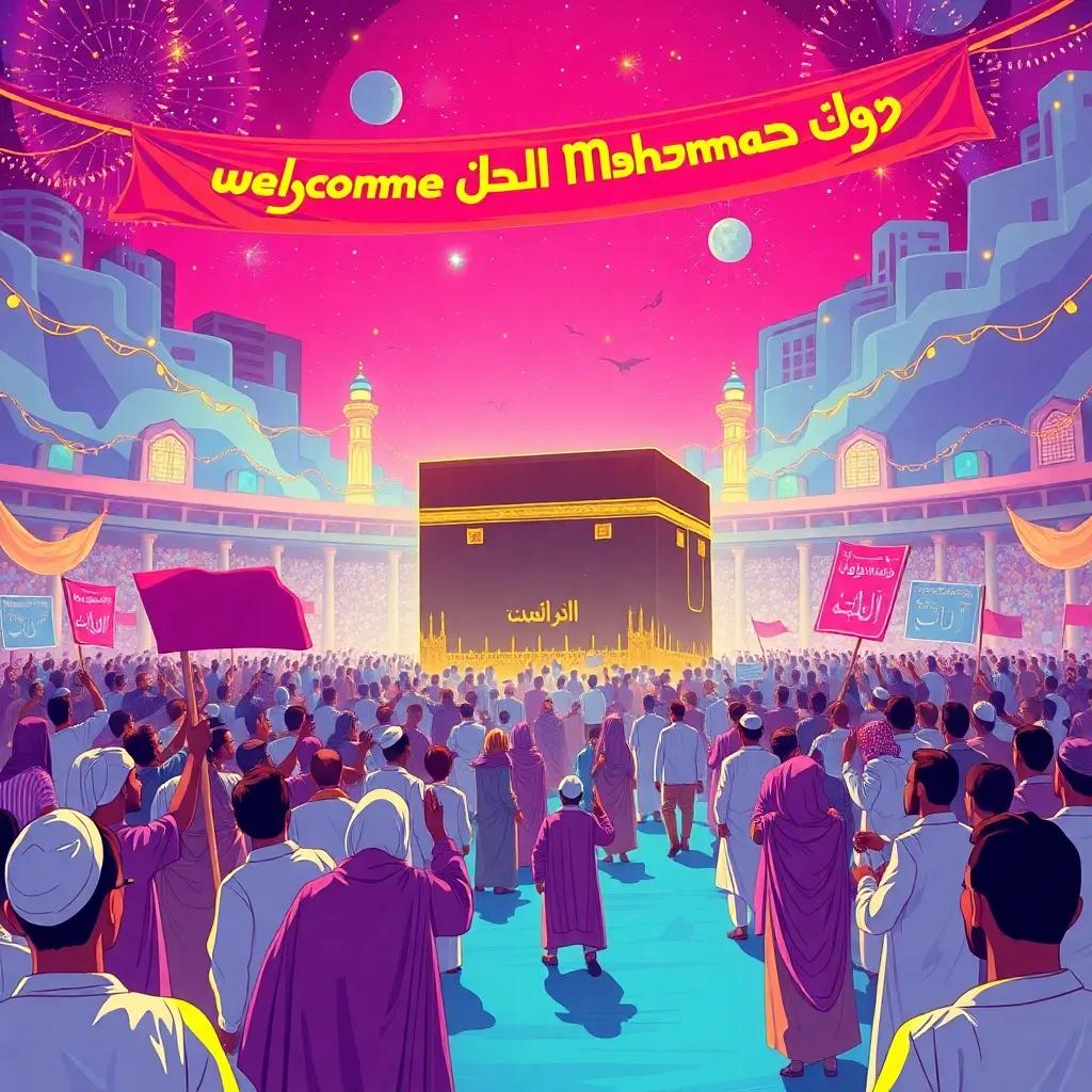 The triumphant return of Muhammad to Mecca, with crowds of happy people and welcoming banners, celebration atmosphere, vibrant and colorful illustration