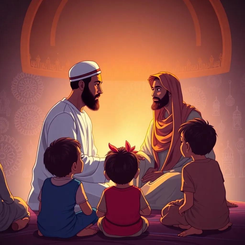 Muhammad teaching values of love and tolerance to a group of children, warm and inviting atmosphere, detailed art, conveying wisdom and kindness