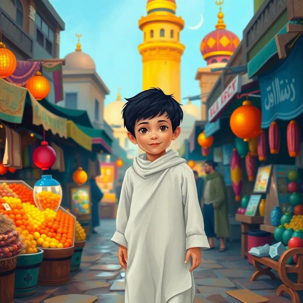A young boy named Muhammad, an Arab boy with black hair, wearing a simple white robe, exploring the bustling city of Mecca with no shoes, vibrant market stalls around him, digital art, warm colors, lively, inviting atmosphere, high quality
