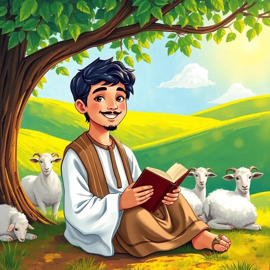 Muhammad, a young Arab boy, with black hair, wearing a traditional robe, sitting under a tree with a book, surrounded by goats in the countryside, sunshine filtering through leaves, illustration, cheerful, peaceful, child-friendly