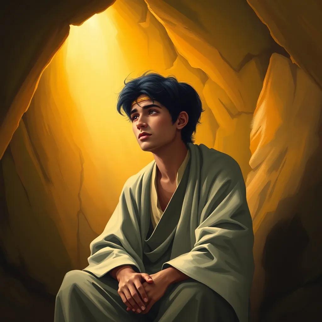 Muhammad, a young man with black hair, wearing a simple robe, sitting in a cave (غار حراء), looking thoughtful as a bright light shines down on him, digital painting, mystical, warm light, reflective atmosphere, high quality