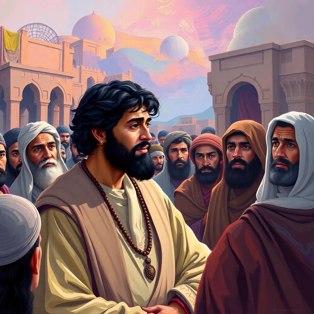 Muhammad, now a confident man with black hair, wearing traditional clothing, speaking to a group of people in the city of Mecca, some listening intently while others look skeptical, digital art, vibrant colors, engaging scene, high quality