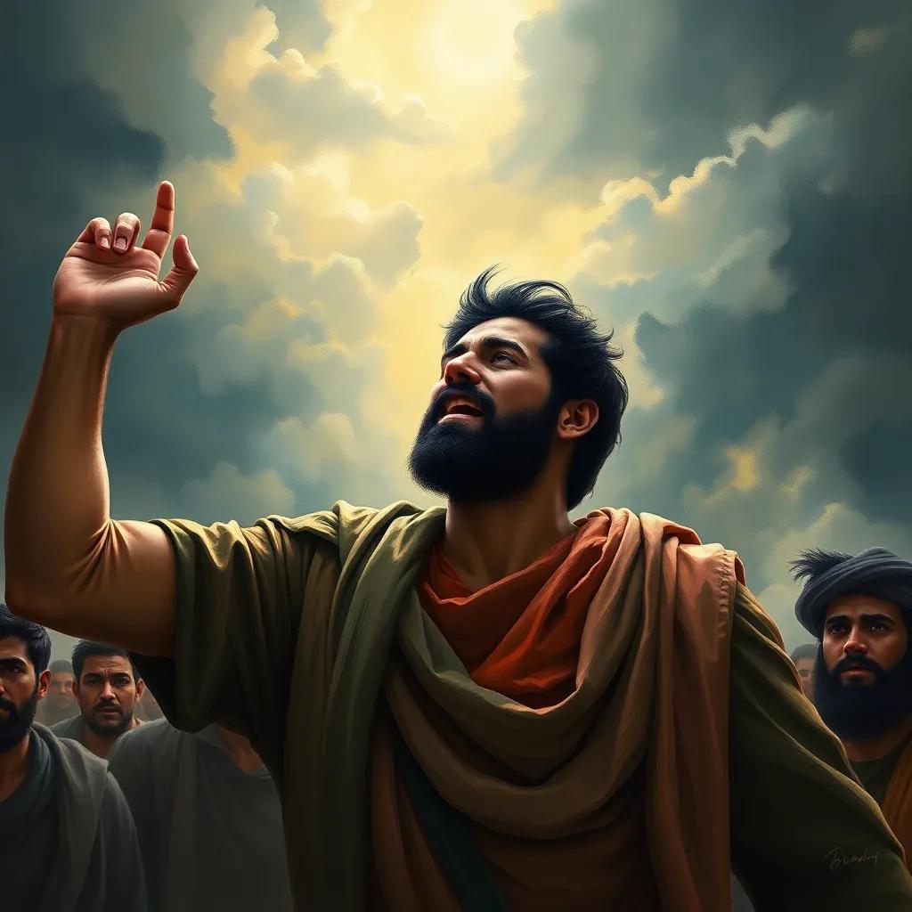 A strong image of Muhammad, an Arab man with black hair, rallying his followers in a time of struggle, showing bravery and determination, in front of a stormy sky, digital painting, dramatic light, tension and hope, high quality