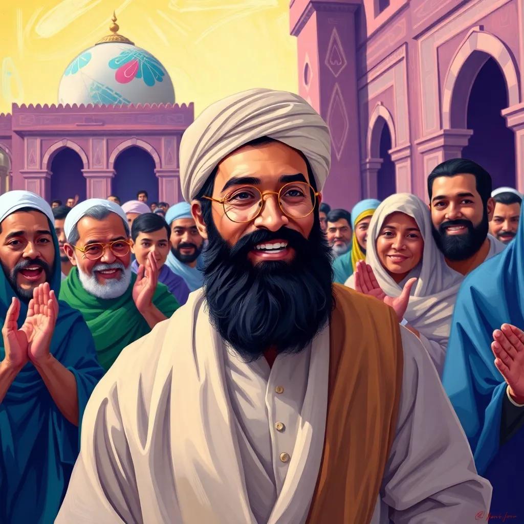 Muhammad, a respected leader, with black hair, wearing a turban and a robe, arriving in the welcoming city of Medina, people clapping and smiling, vibrant celebration, digital art, colorful, cheerful atmosphere, high quality