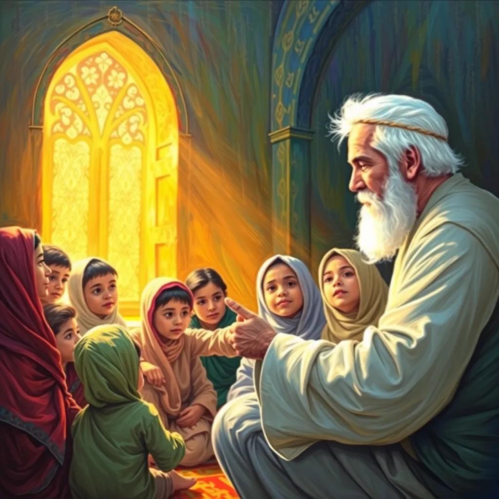 Muhammad, an older man with white hair but still dignified, teaching a group of children and women in the mosque, warmth and light surrounding them, illustration, nurturing and engaging, high quality