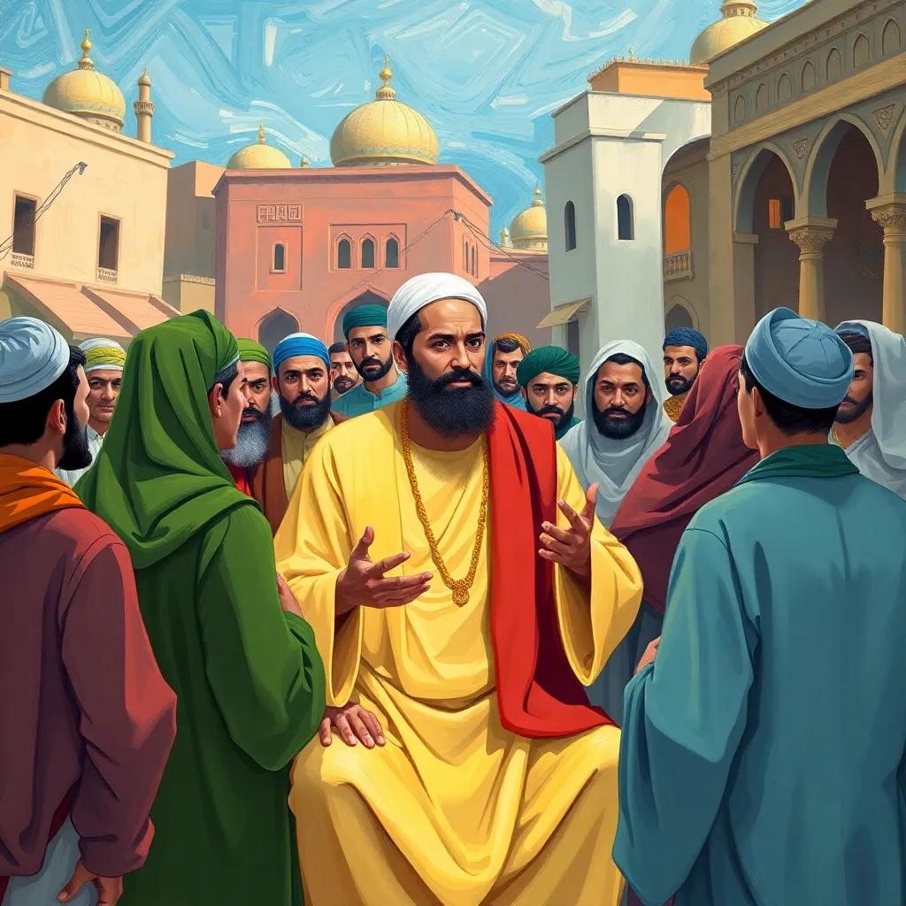 Muhammad, depicted in a vibrant scene, surrounded by followers in various traditional clothing, discussing peace and resolving conflicts, in a city square, bright and hopeful atmosphere, digital painting, emotional, high quality