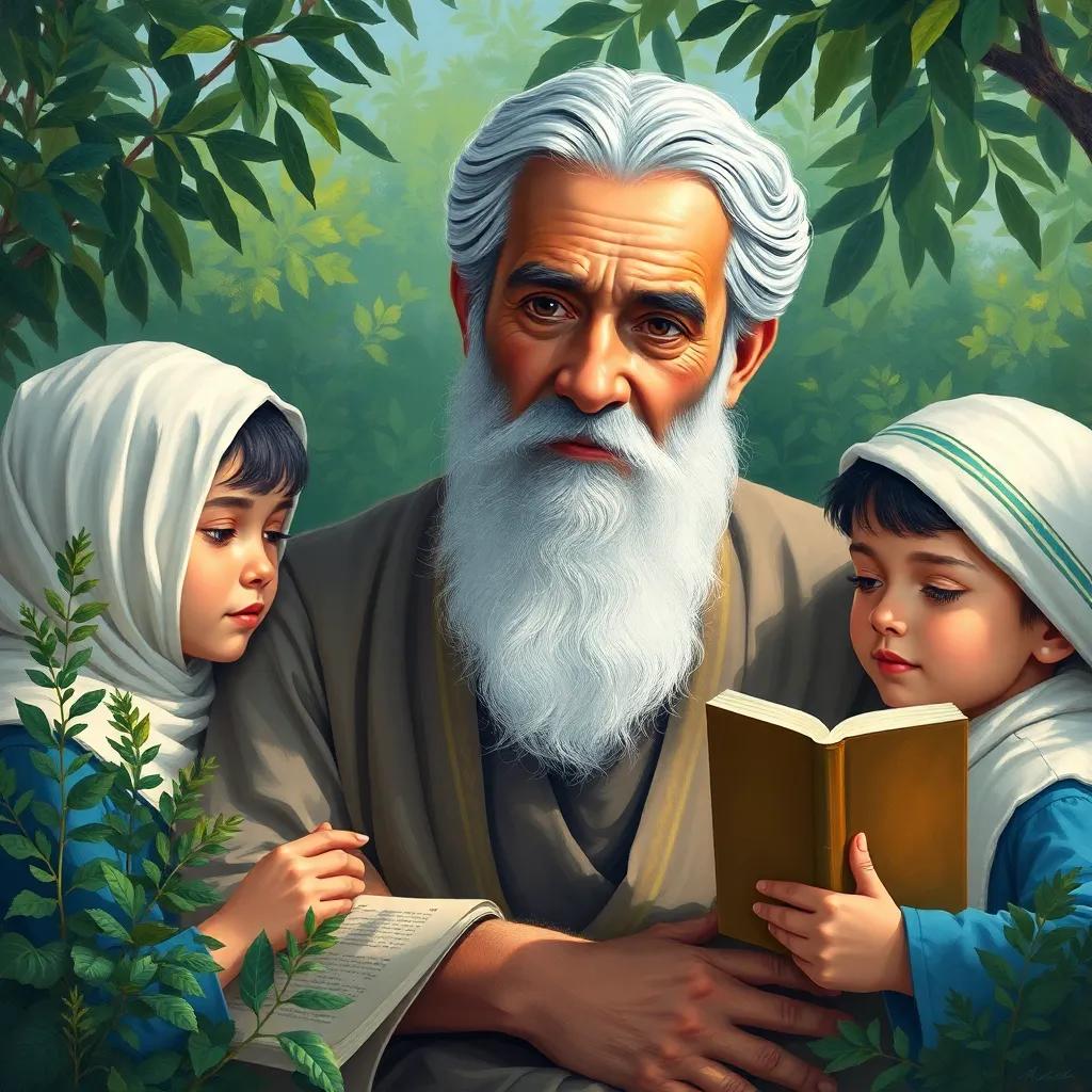 Muhammad, a wise elder with gray hair, leaving behind a legacy, the children holding books and learning about his teachings, surrounded by greenery, serene and hopeful, digital art, peaceful colors, heartwarming scene, high quality