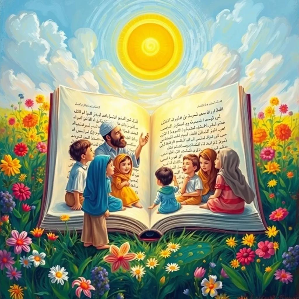 An artistic representation of Muhammad’s teachings illustrated in a book, surrounded by children and families, symbolizing hope and learning, in a beautiful garden, colorful and inspirational, digital painting, high quality