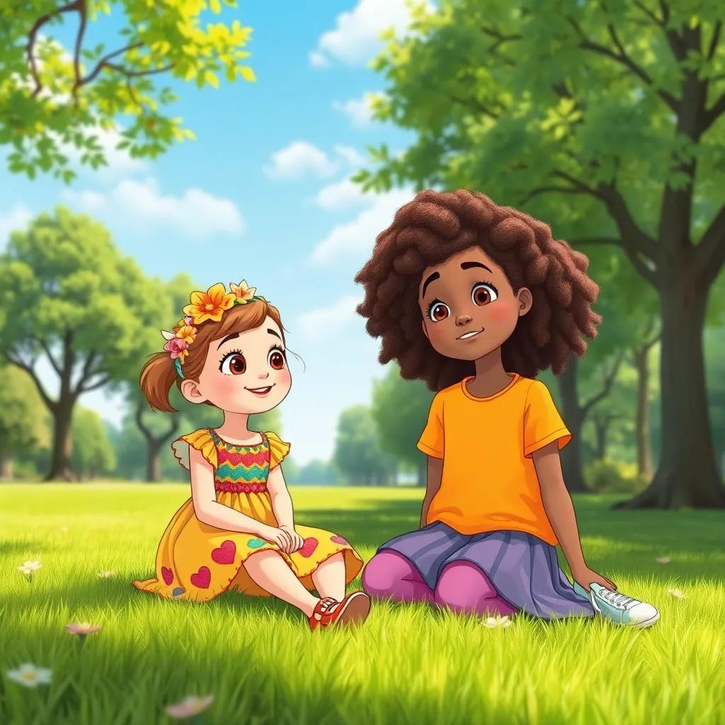 A bright sunny park with a little girl named Layla, wearing a colorful dress with a flower crown, sitting on the grass looking at trees. Saria, her friend with curly hair and a bright t-shirt, is next to her, pointing toward the trees with a concerned look, illustration, cheerful, vibrant colors, high quality